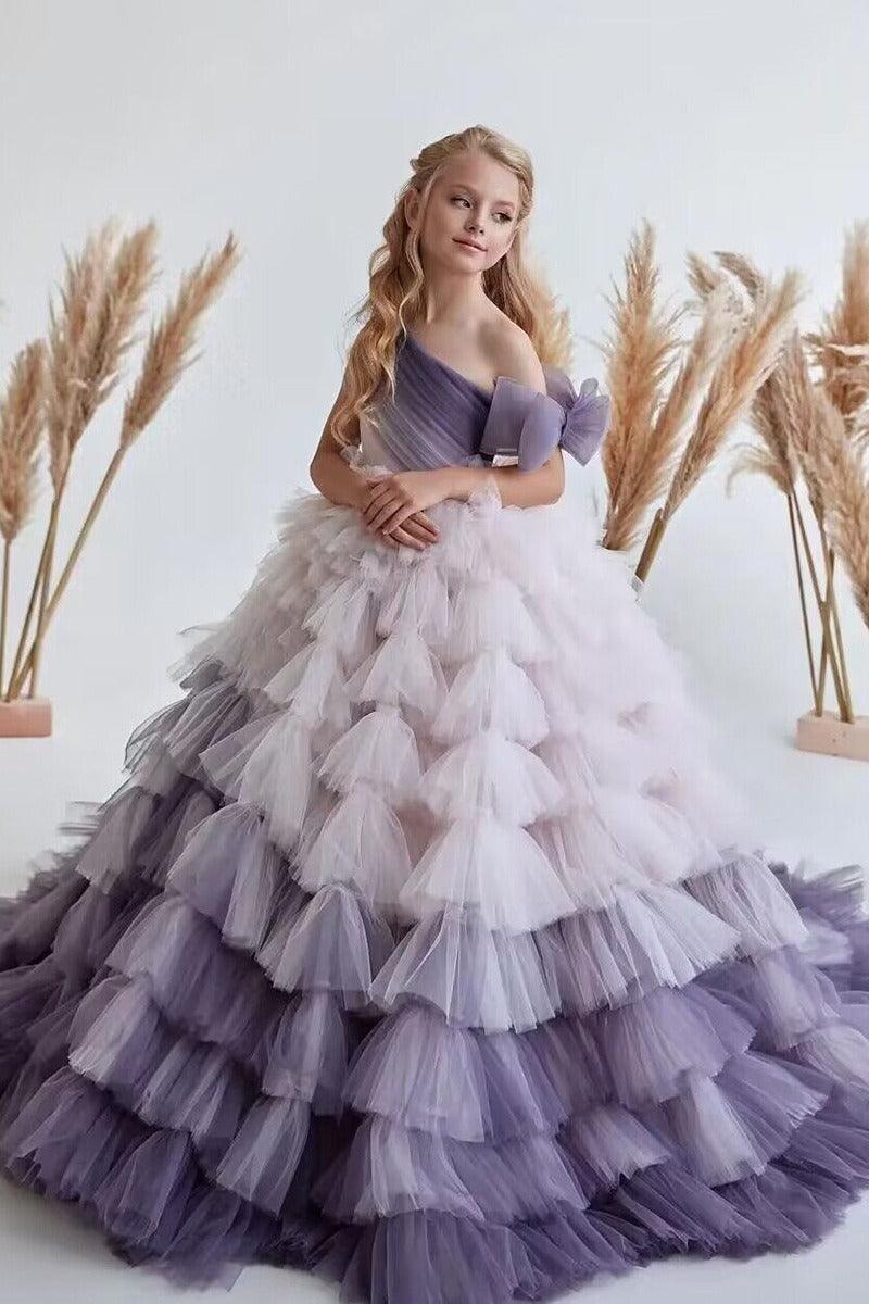 A-Line Asymmetrical One Shoulder Tiered Tulle Sweep-Brush Train Flower Girl Dresses 779839145372 - 10 Days / Purple / 2 - COCOMELODY